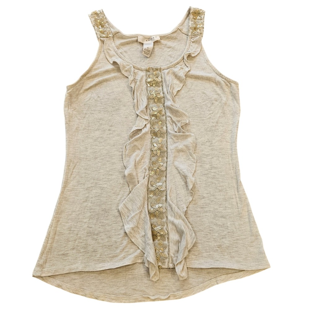 Kenar Womens Oatmeal Beige Ruffle Sequin Tank Top Gold Floral Sleeveless Small